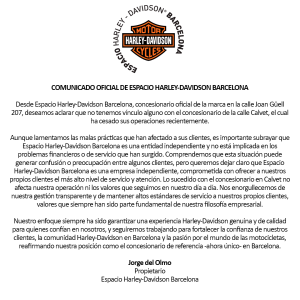 Comunicado oficial Espacio Harley-Davidson Barcelona